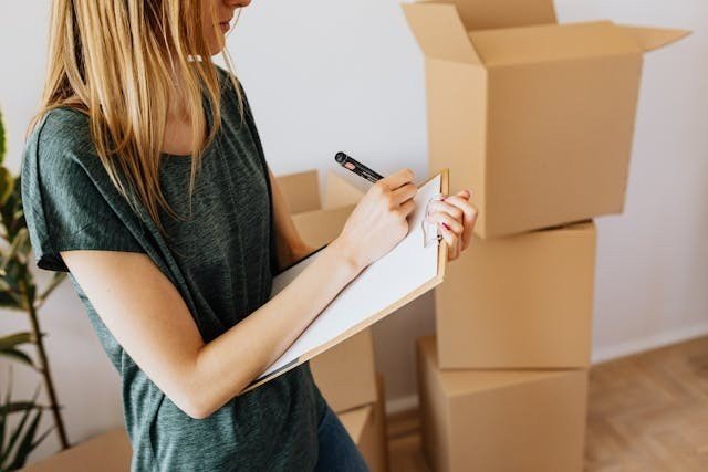 Woman taking notes in clipboard near carton boxes.